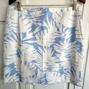 Talbots Seersucker Tropical Palm Skirt Blue White Lined Women Size 12 Coastal